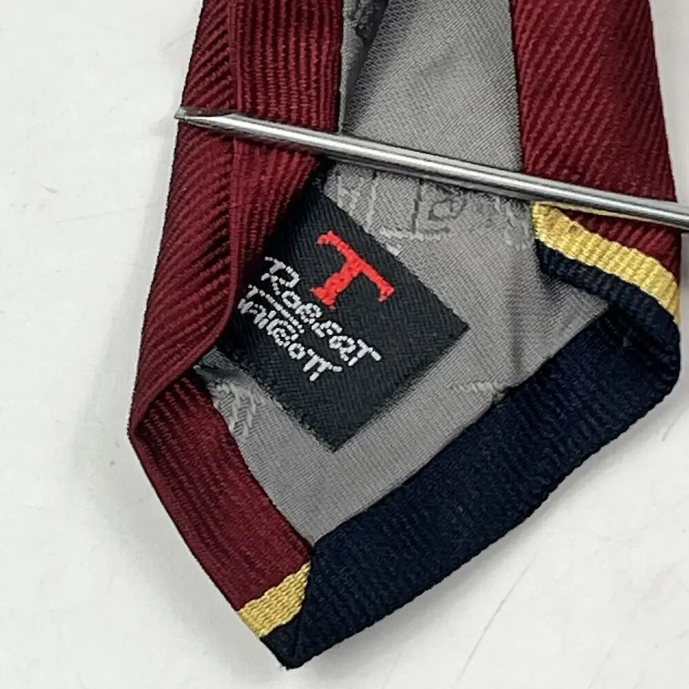 Robert Talbott Mens Necktie Red Navy Gold Repp Stripe 100% Silk Traditional Cut